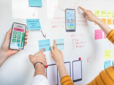 Whiteboard mit vielen Informationen und Post its.