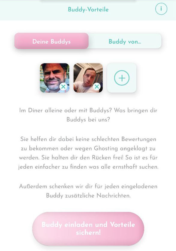 Buddy Zone in der Diner Date Dating-App mit Buddys, Einladungsoption und zusätzlichen Nachrichten.