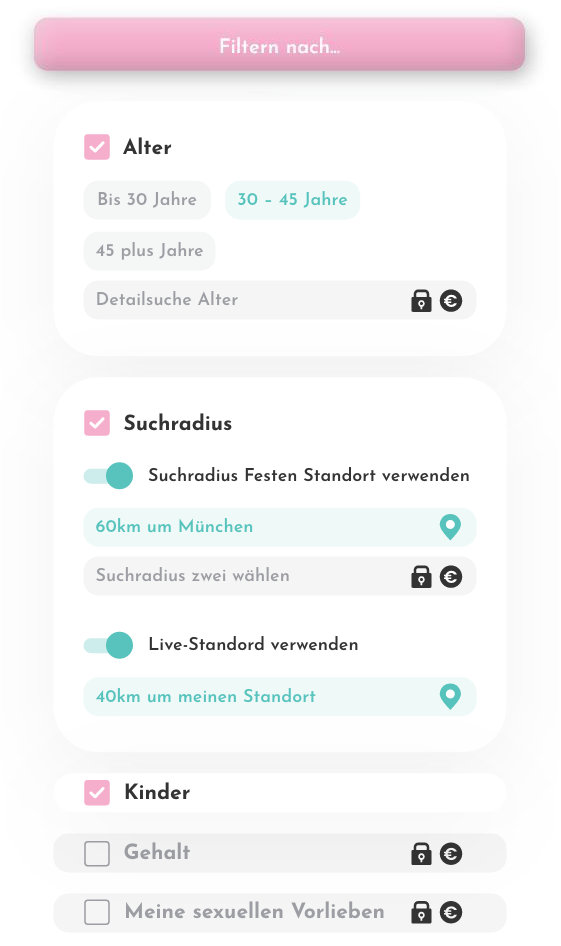 ilterfunktion in der Diner Date Dating-App mit Optionen für Alter, Suchradius und Premium-Filtern.