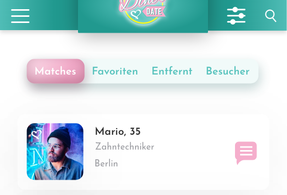 Guests-Bereich in der Diner Date Dating-App mit Matches, Favoriten und entfernten Profilen.