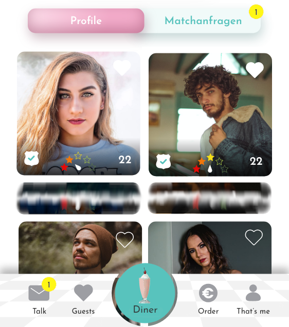 Homescreen der Diner Date Dating-App mit Profilen, Matchanfragen und Navigationsleiste.