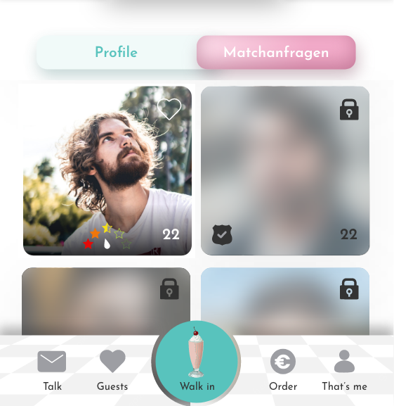 Matchanfragen in der Diner Date Dating-App mit verpixelten Profilen, Altersangabe, Verifizierungsstatus und Bewertungen.
