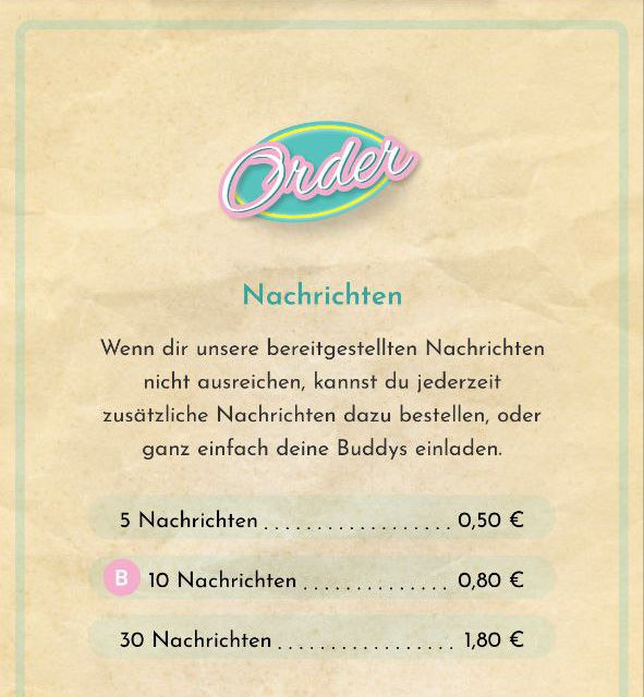 Order-Bereich in der Diner Date Dating-App mit optionalen Käufen für Nachrichten und Matches.