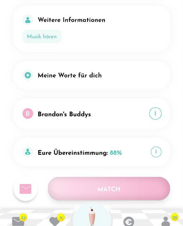 Profilansicht eines potenziellen Matches in der Diner Date Dating-App mit Übereinstimmungsanzeige und Buddy-Informationen.