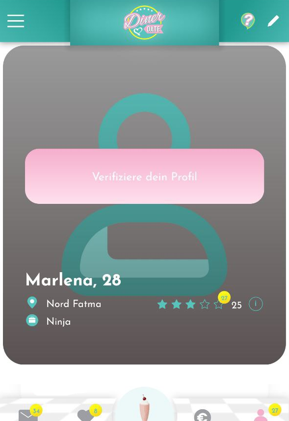 Eigenes Profil in der Diner Date Dating-App mit Verifizierungsbutton, Bewertungen und Bearbeitungsfunktion.