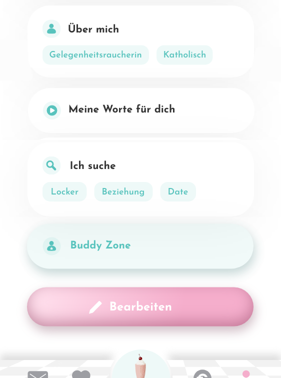 Profilinformationen und Buddy Zone in der Diner Date Dating-App mit Sprachnachricht und Bearbeitungsfunktion.