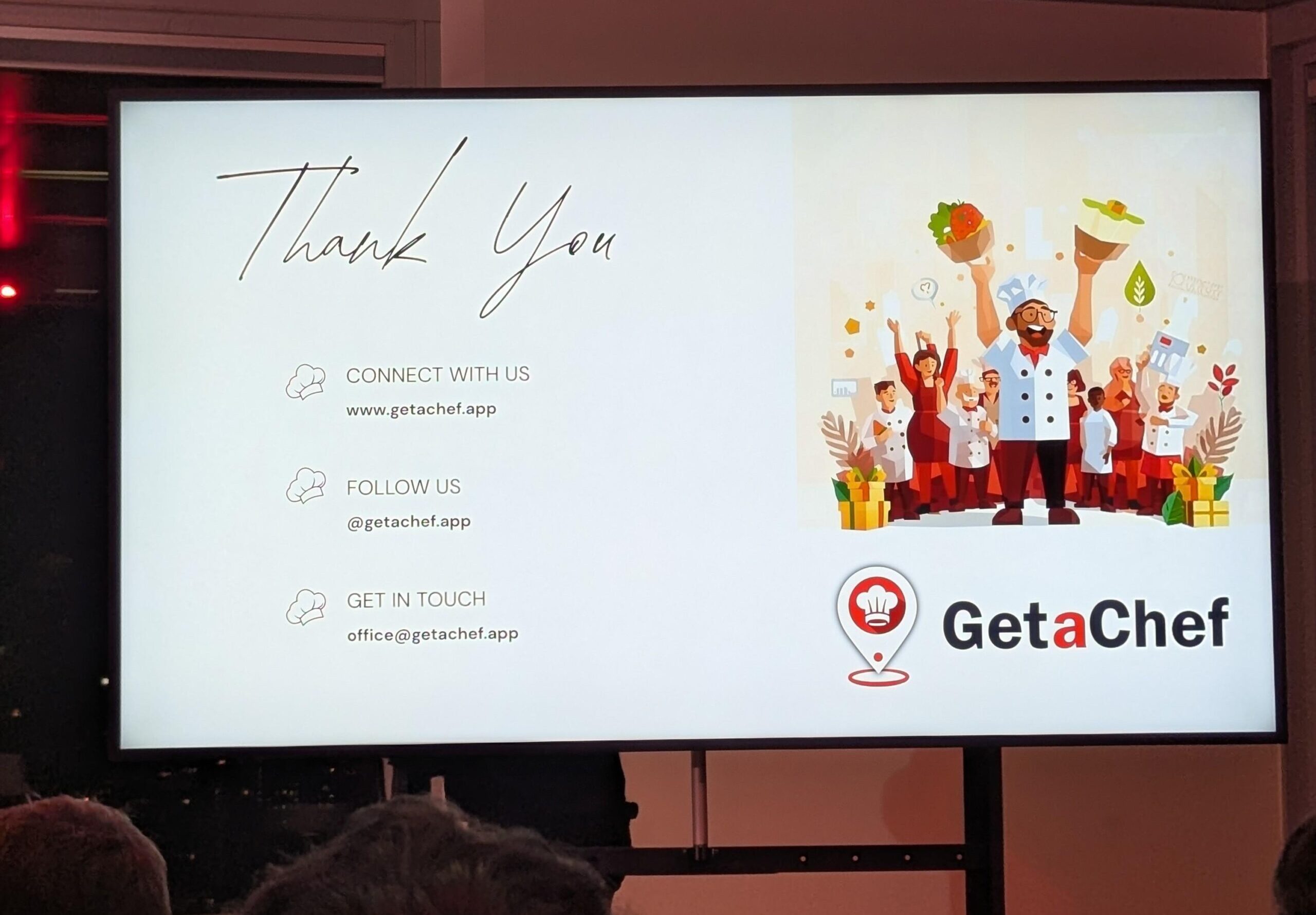 Thank-You-Folie mit GetaChef Logo und Cartoon-Köchen auf der Launch Party in Wien – Networking-Event der Start-up- und App-Szene, bei dem auch die Diner Date Gründer dabei sind.