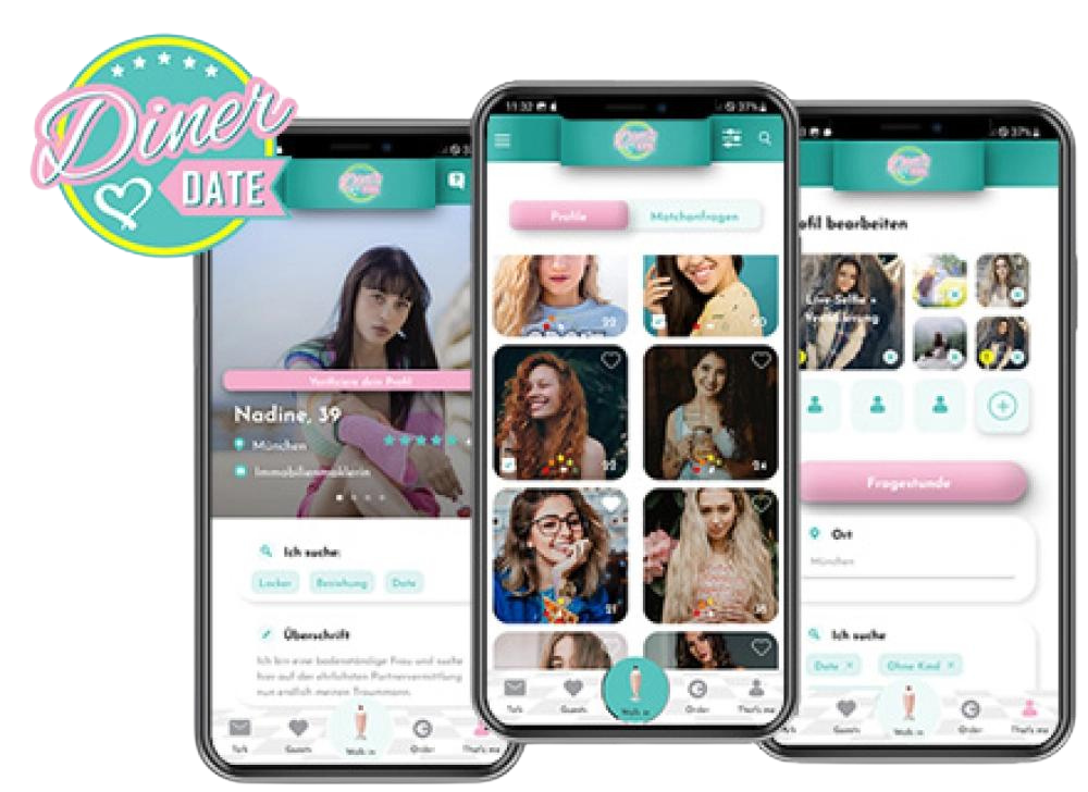 Diner Date Dating App Screenshots auf Smartphones – gegen Ghosting, Catfishing und Fake-Profile