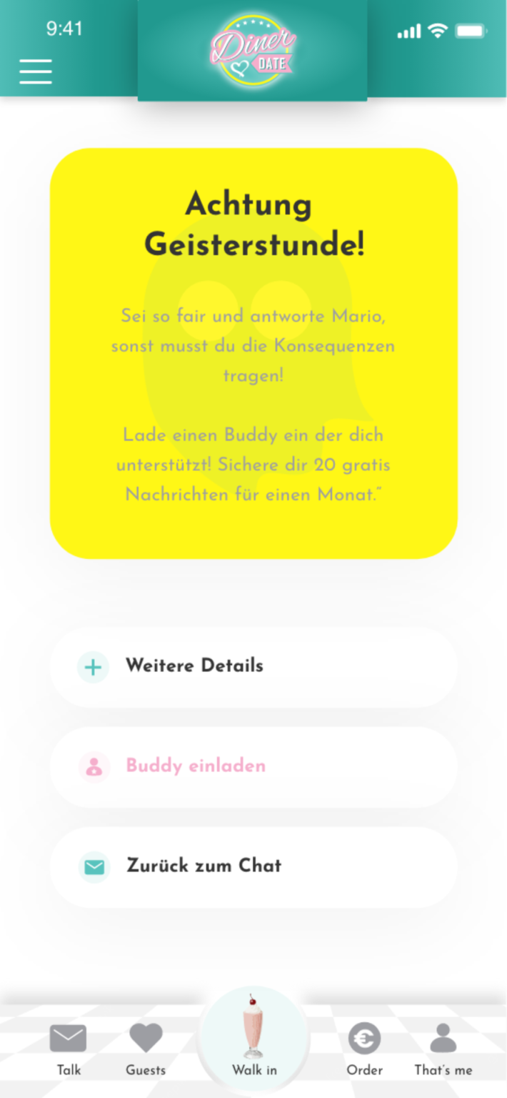 Warnhinweis „Achtung Geisterstunde“ in der Diner Date App mit Buddy-Funktion und Erinnerung an rechtzeitige Antworten