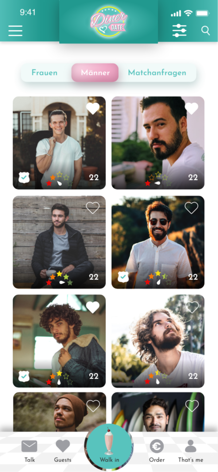 Übersicht mit Frauen, Männern und Matchanfragen in der Diner Date App zur gezielten Partnersuche