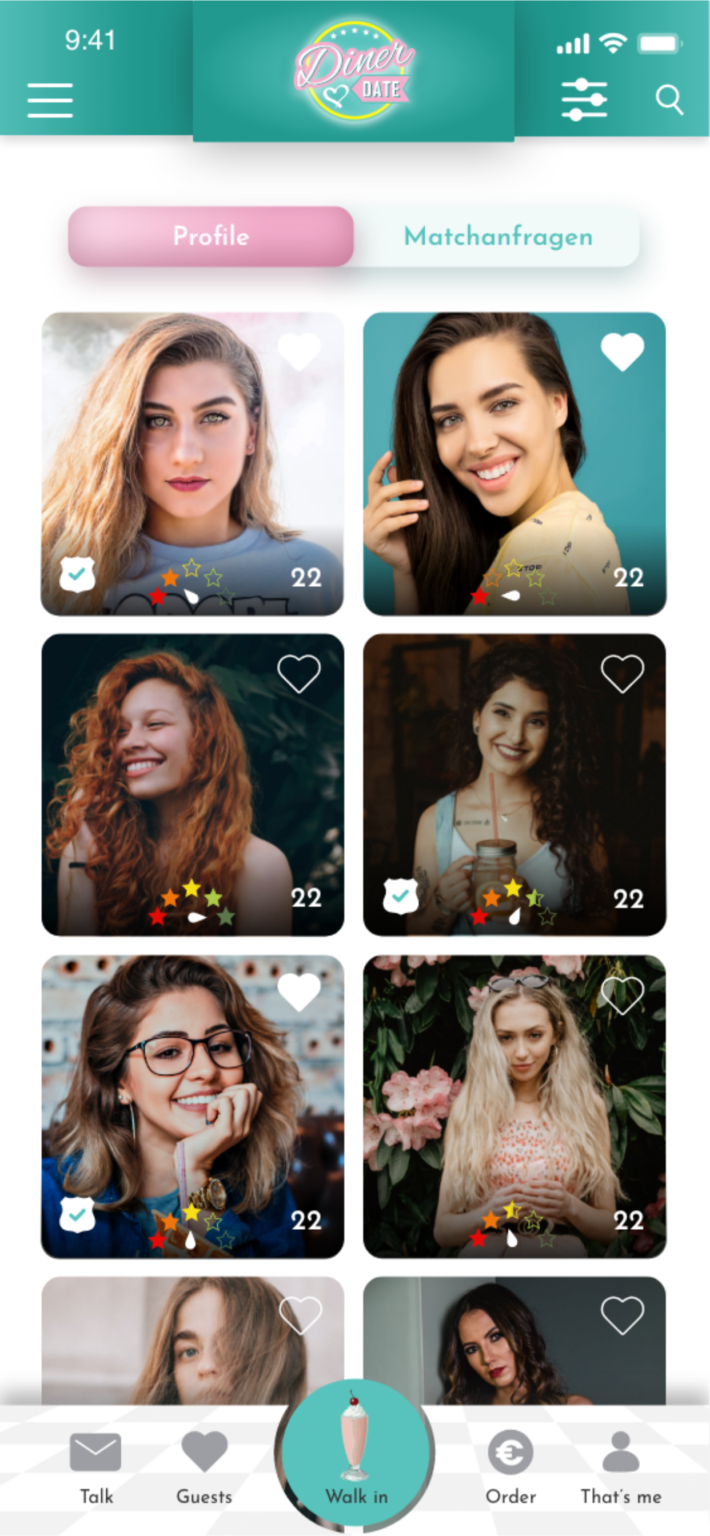 Profilübersicht mit mehreren Singles in der Diner Date App statt klassischem Swipen