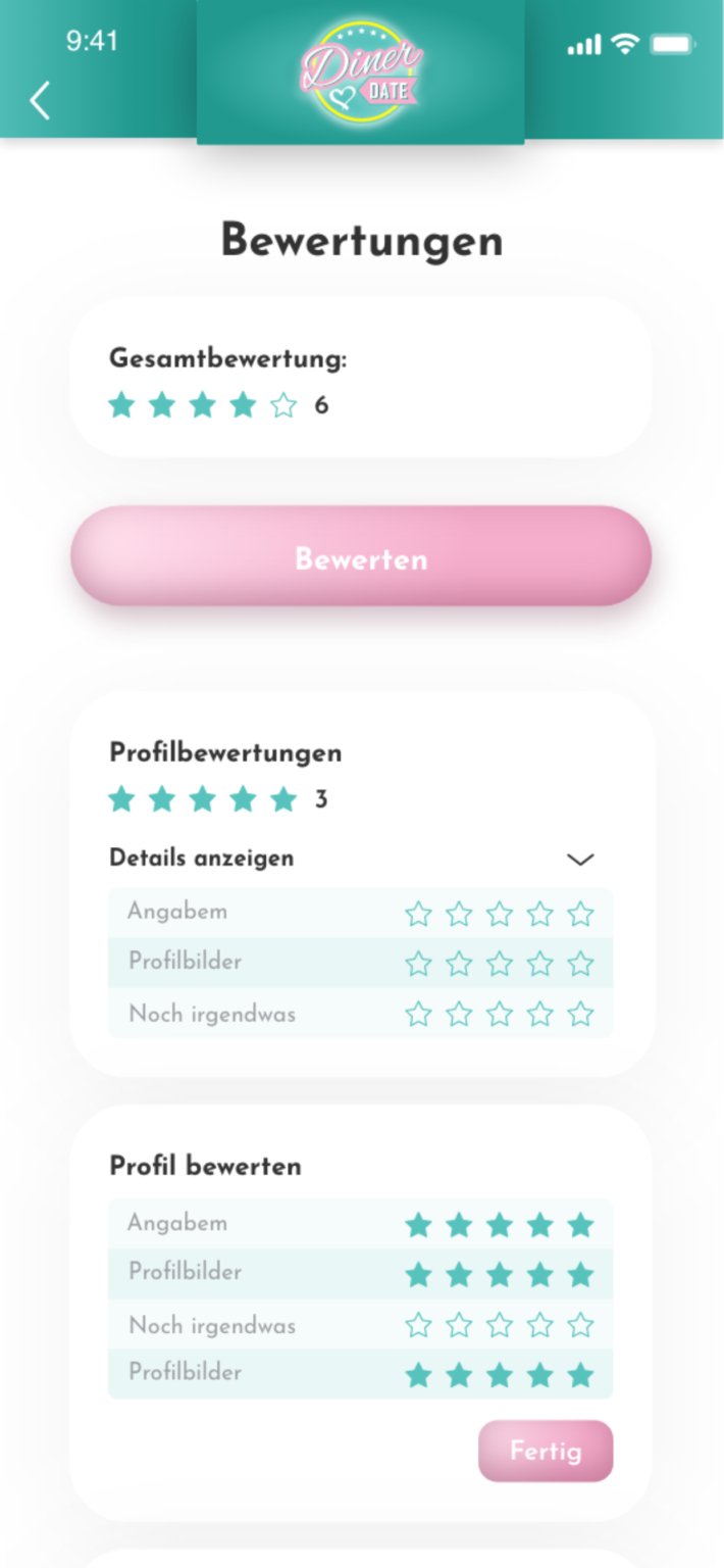 Bewertungssystem in der Diner Date App mit Gesamtbewertung und detaillierten Profilbewertungen