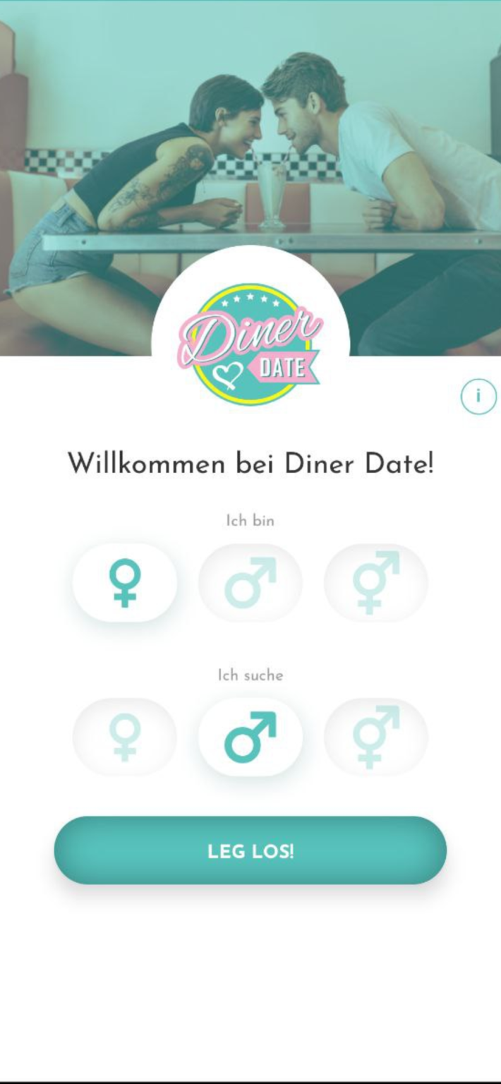 Willkommensbildschirm der Diner Date App mit einfacher Auswahl von Geschlecht und gesuchtem Match