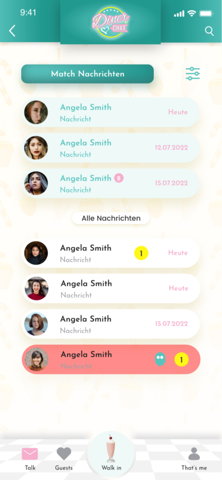 Chat-Übersicht in der Diner Date App mit Match-Nachrichten, Nachrichtenliste und klarer Struktur