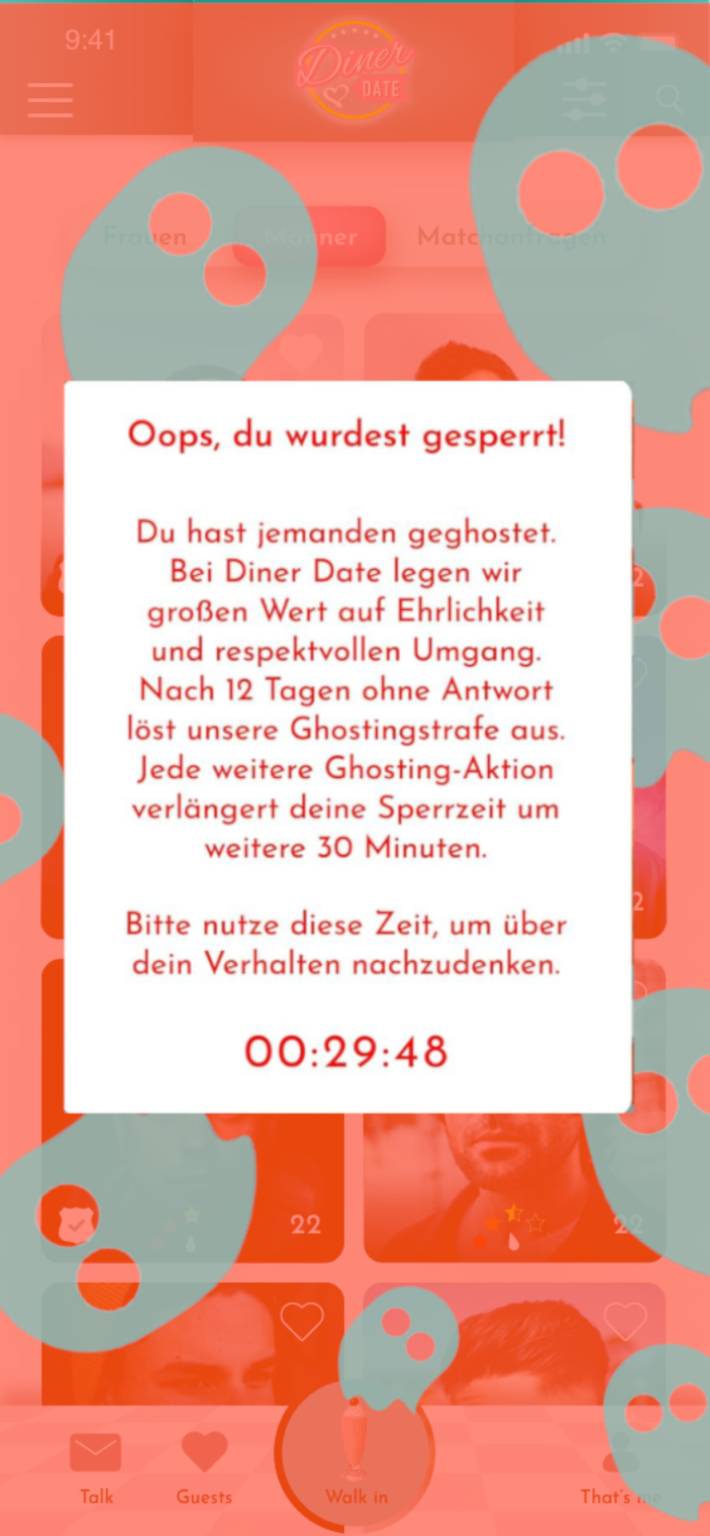 Ghosting-Sperre in der Diner Date App mit Hinweis auf Regelverstoß und laufender Sperrzeit