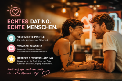 Echtes Dating mit echten Menschen: Ein Paar sitzt sich gegenüber und steht symbolisch für ehrliche Verbindungen, weniger Ghosting und mehr Respekt beim Online-Dating