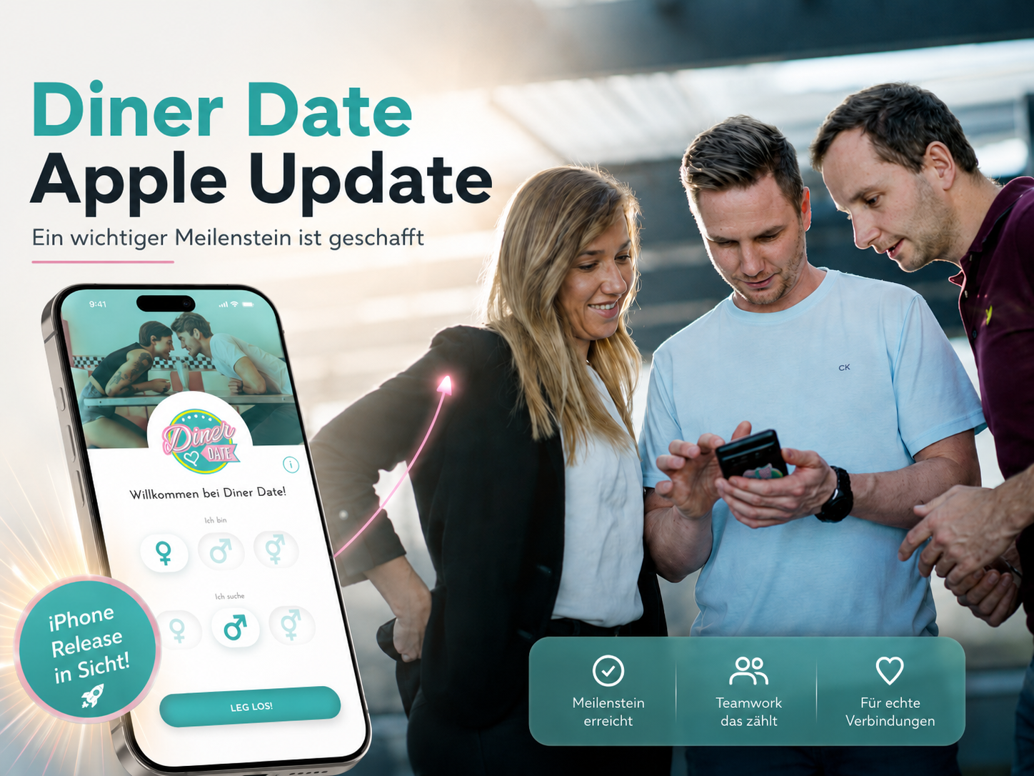 Diner Date Gründerteam beim Apple Update zur iPhone-Version mit App-Screen und Hinweis auf wichtigen Meilenstein