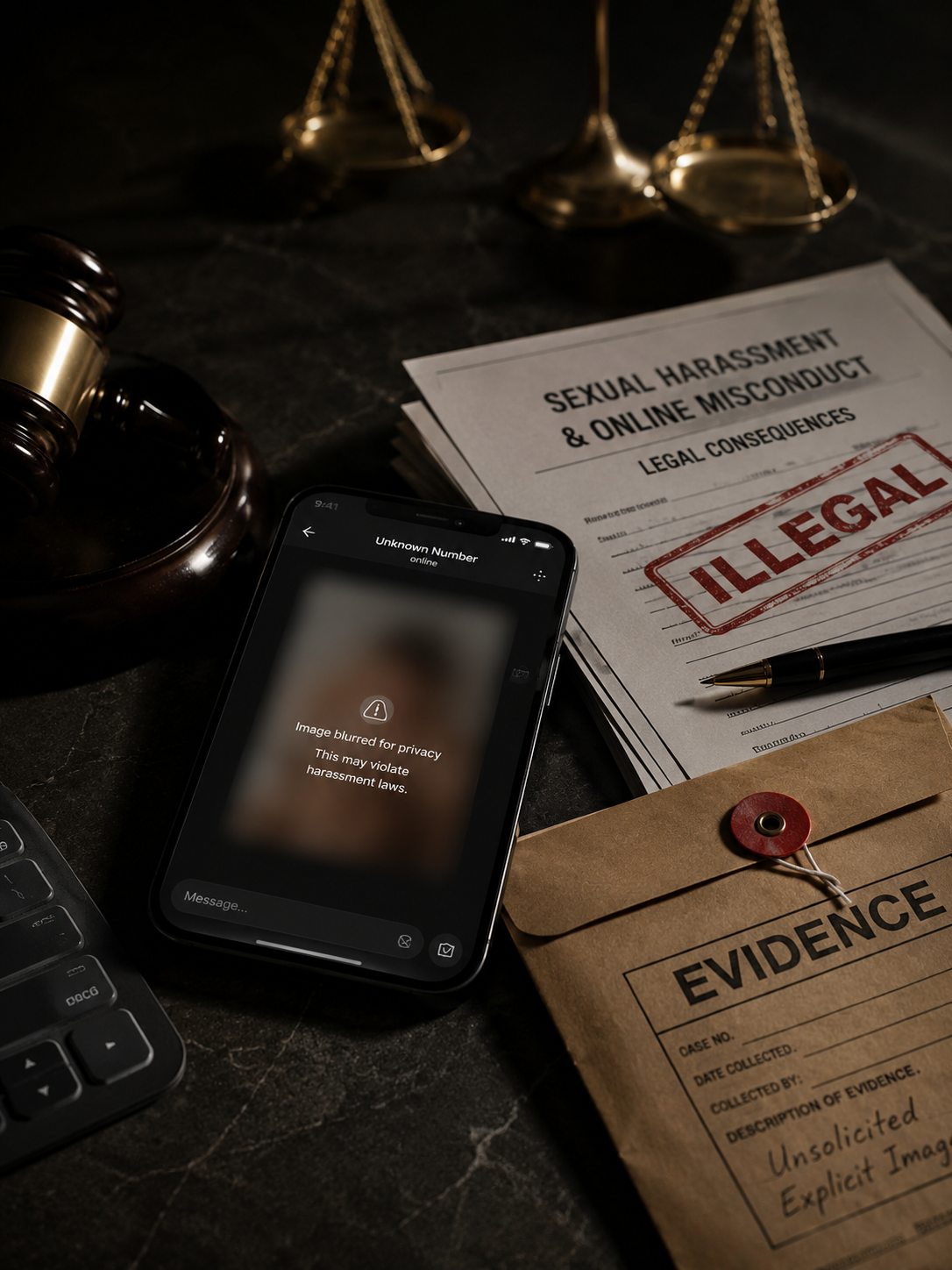 Smartphone mit verpixeltem intimen Bild liegt neben Akten, Richterhammer, Waage der Justiz und einem Beweisumschlag auf einem dunklen Tisch