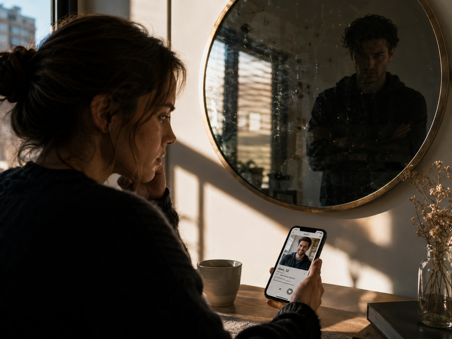 Nachdenkliche Frau schaut auf ein Dating-Profil auf ihrem Smartphone, während im Hintergrund eine dunkle Männergestalt als Spiegelung erscheint