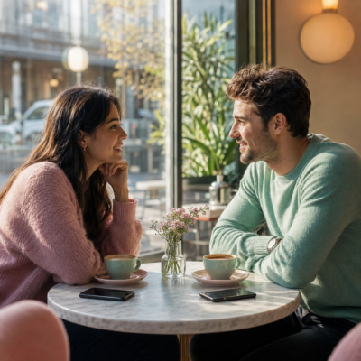 Mann und Frau sitzen sich in einem hellen Café gegenüber, lächeln einander an und unterhalten sich aufmerksam bei Kaffee.
