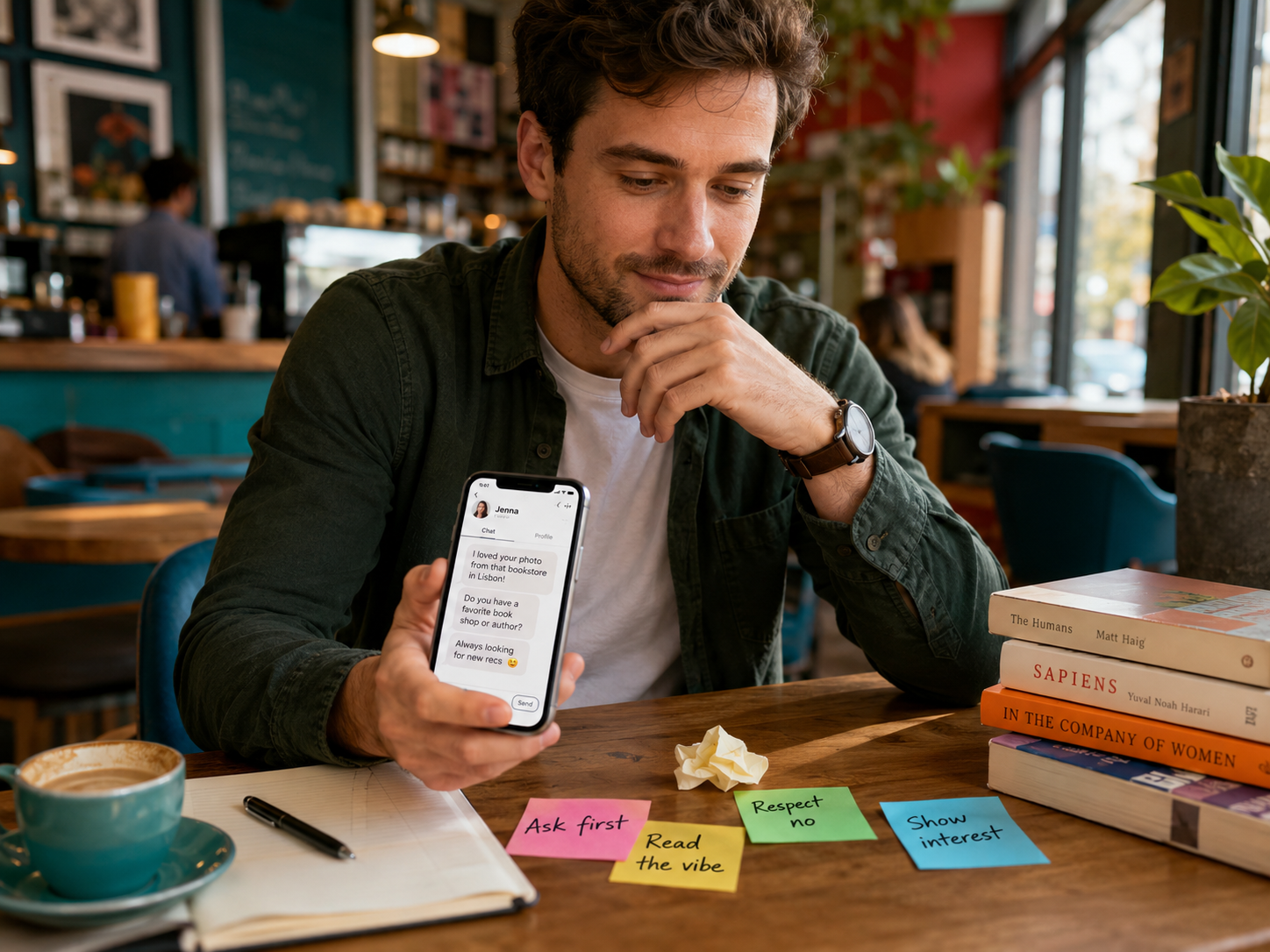 Junger Mann sitzt in einem farbenfrohen Café, hält sein Smartphone mit einer freundlichen ersten Nachricht in der Hand und nutzt Notizzettel wie „Ask first“, „Read the vibe“, „Respect no“ und „Show interest“ als Orientierung.