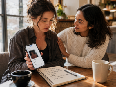 Zwei Frauen sitzen an einem Tisch, schauen auf ein Smartphone mit verpixeltem Bild und besprechen ruhig die nächsten Schritte wie Screenshot, Melden und Blockieren.