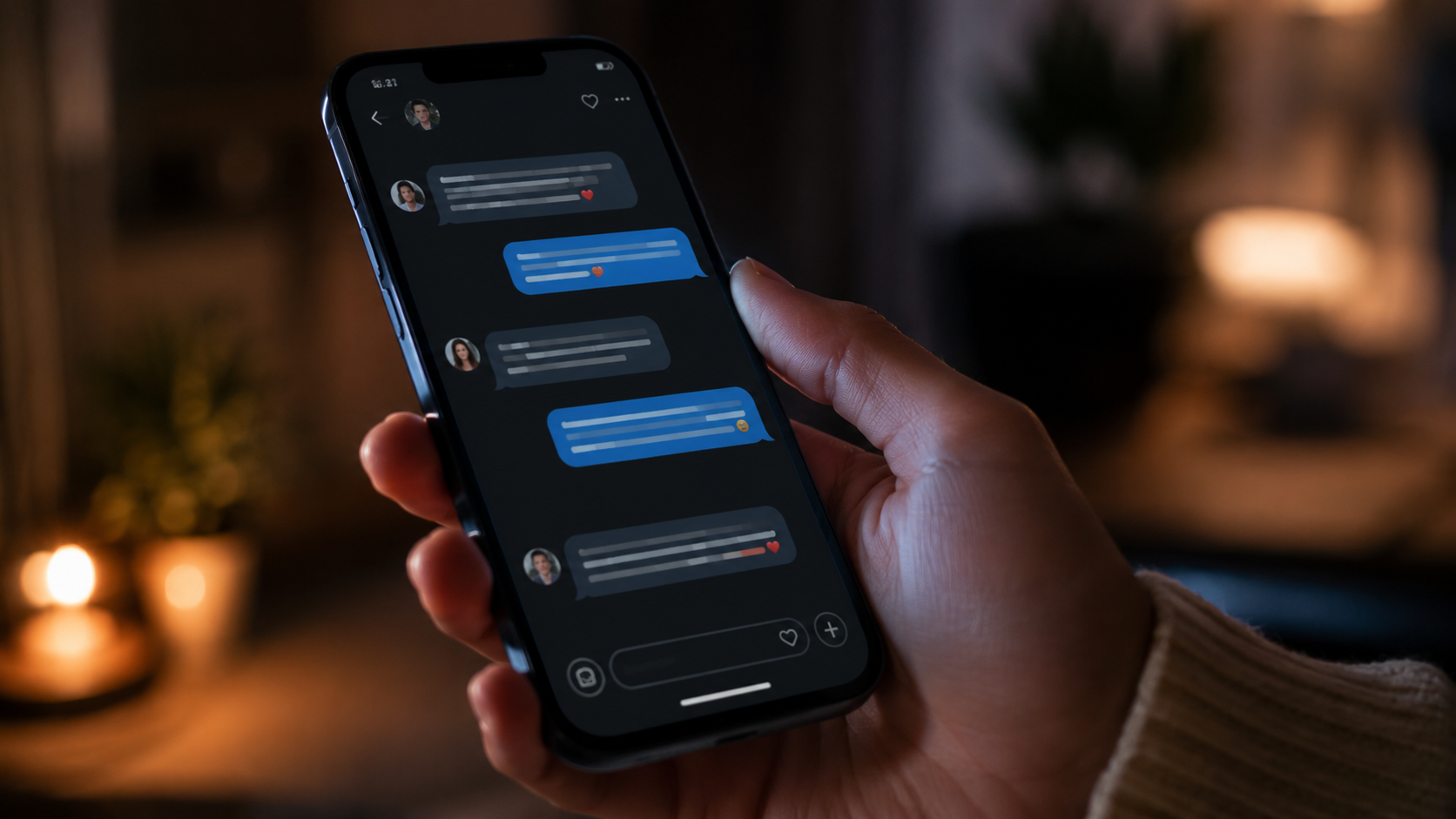 Smartphone zeigt einen Dating-Chat mit generischen Nachrichten in dunkler Oberfläche