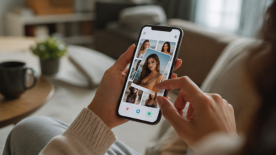 Hand hält Smartphone mit Dating-App-Profilen, die sehr perfekt und künstlich wirken