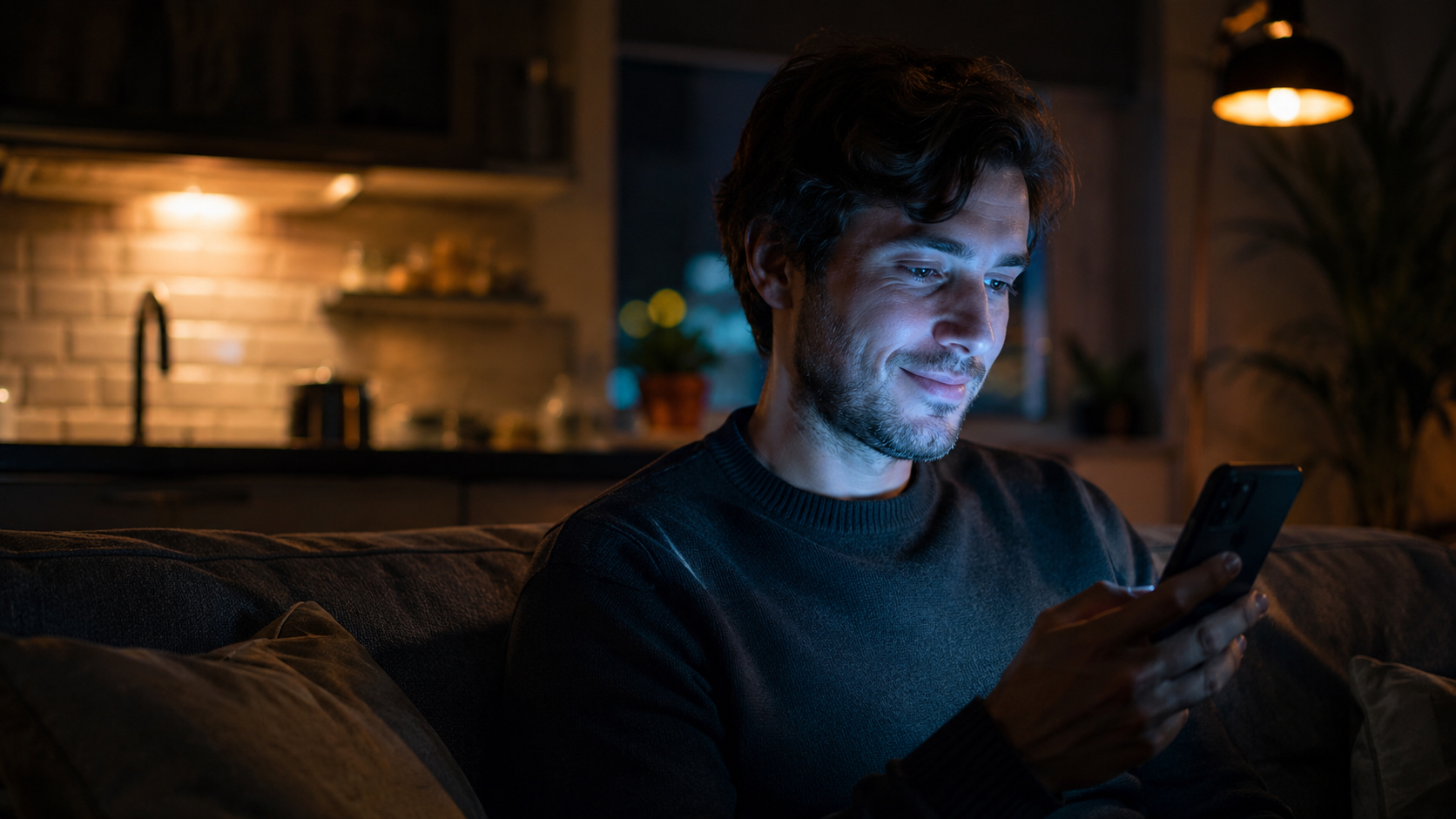 Mann sitzt nachts allein zu Hause und schreibt konzentriert auf seinem Smartphone